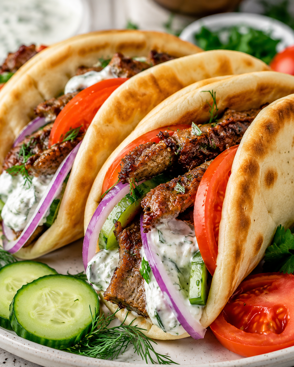 Fresh gyro pitas with vegetables and tzatziki
