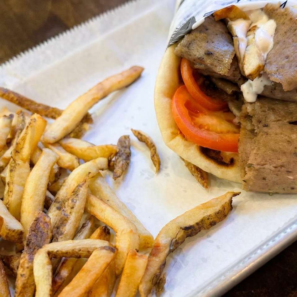 Gyro-style pita sandwich with sliced meat, tomato, and sauce served alongside golden fries on a paper-lined tray.
