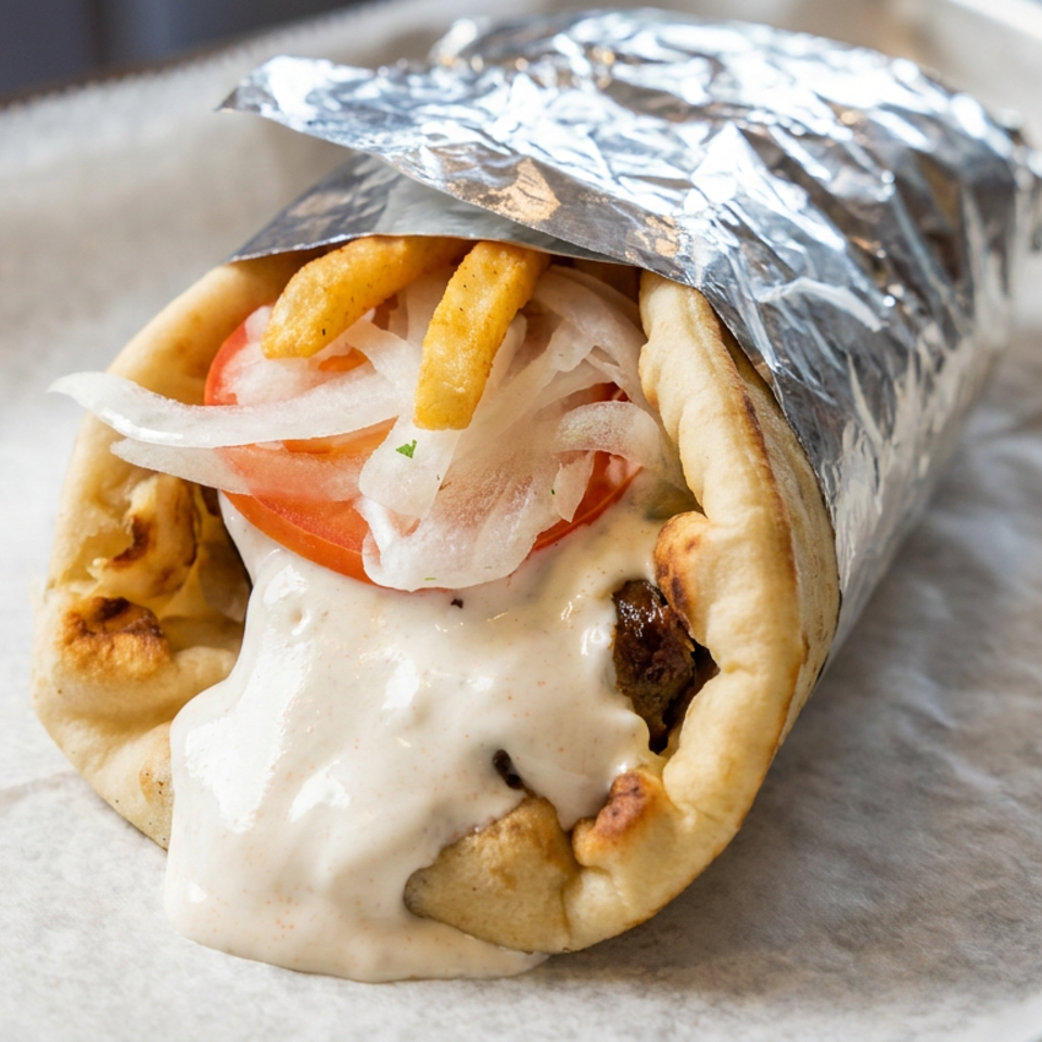 Greek-style gyro wrap with grilled meat, fries, tomatoes, onions, and creamy sauce partially wrapped in foil.